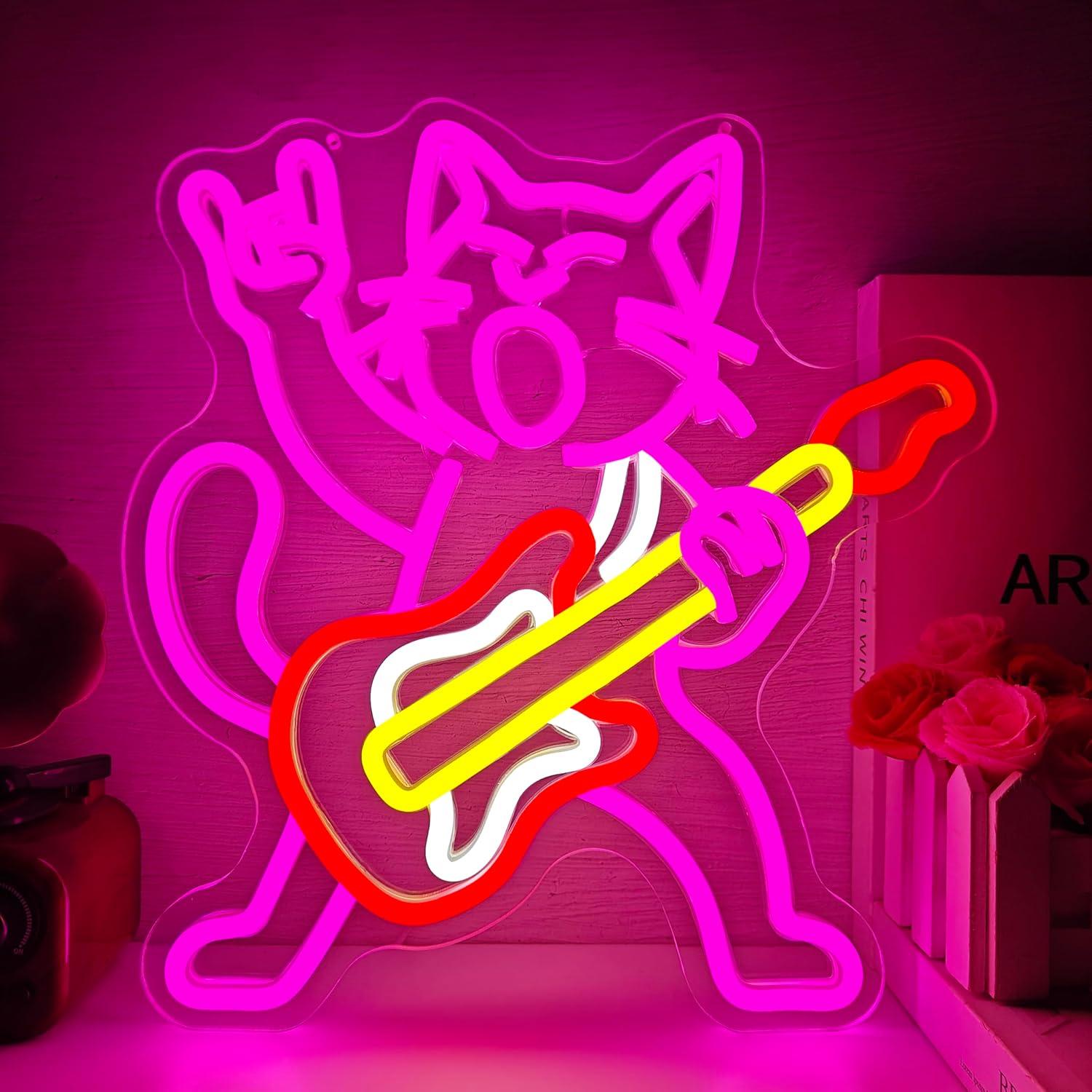 Party Games Music - Enseigne néon LED Rock Cat jouant